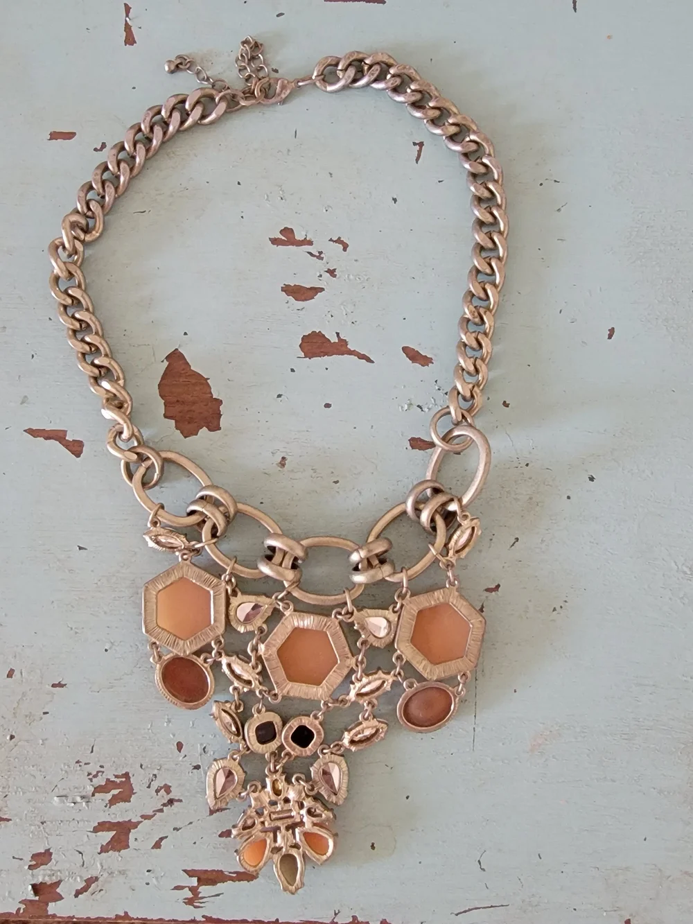 Statement Bib Necklace with Peach Gemstones and Clear Crystals - Picture 4 of 4
